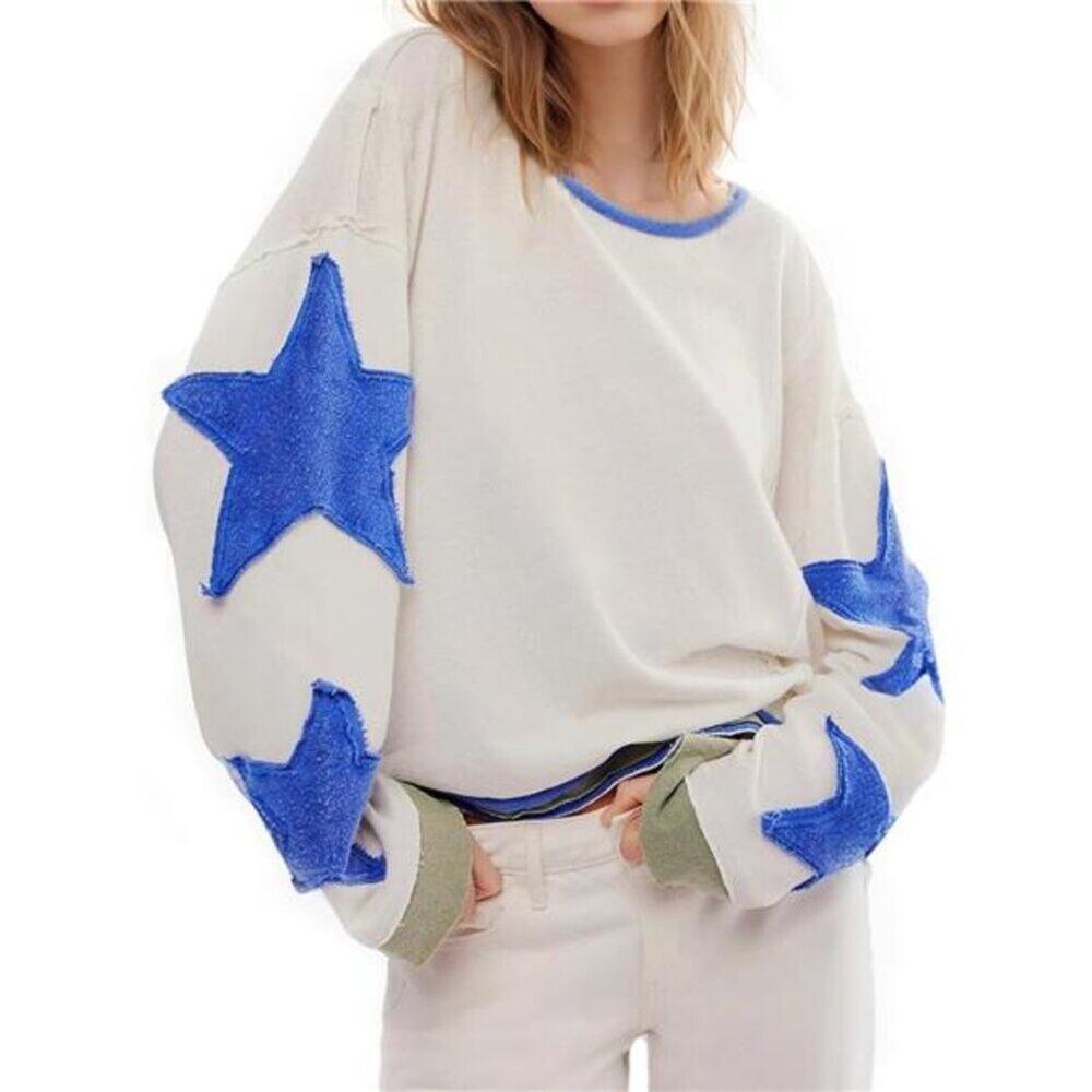 Oversized Cotton Pullover – Lightweight Long Sleeve Crewneck Shirt White & Blue - Picture 2 of 6